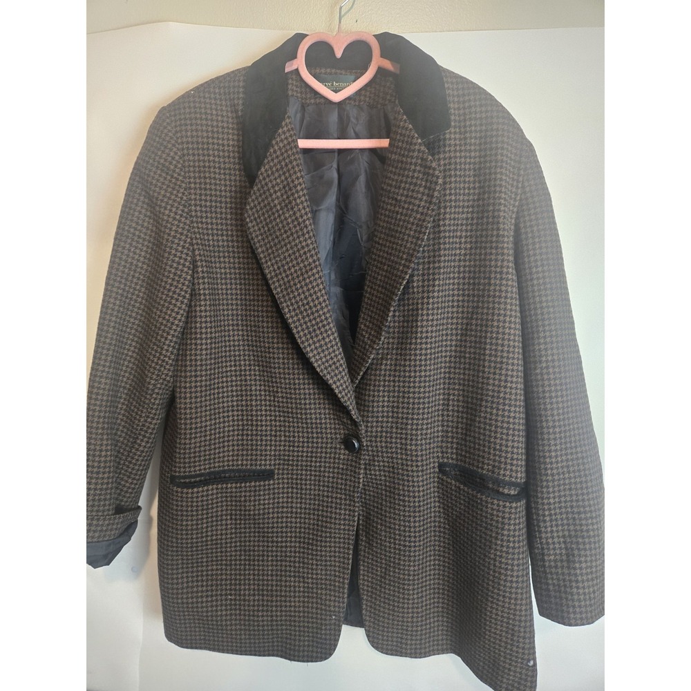 Vintage 80s Harvé Benard Womens Houndstooth Wool  Blazer Jacket Sz Lg Olive